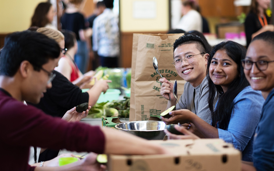 A group of post-secondary students scooping avocados into a bowl.